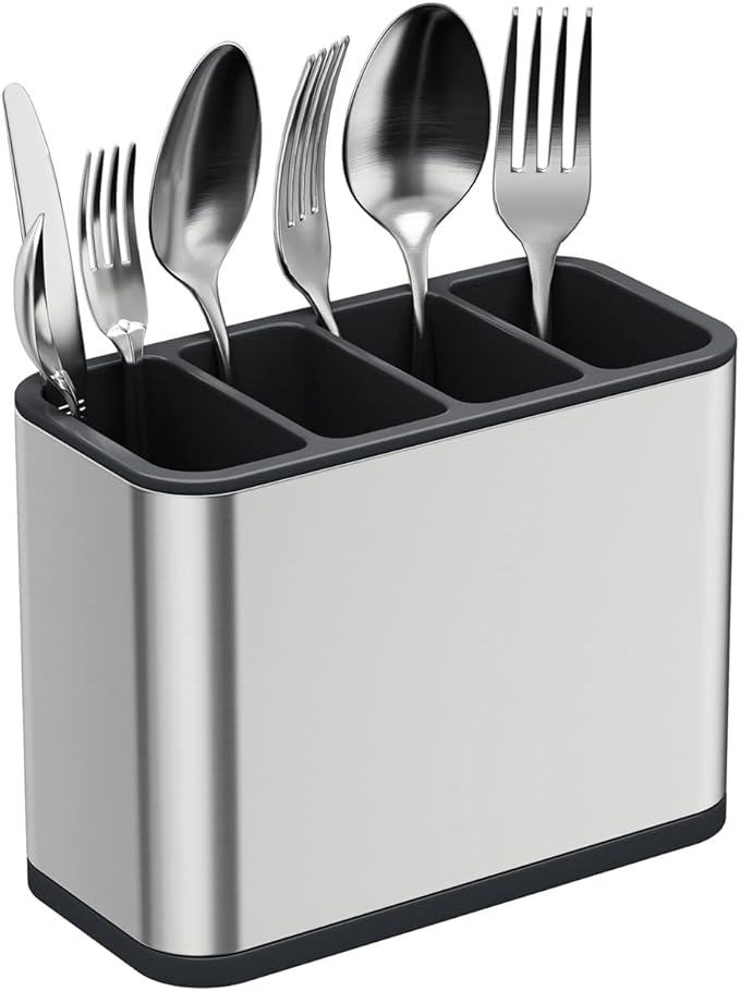 TESOT Silverware Caddy Utensil Caddy Spoon Holder with 4 Divided Compartments, Sturdy Stainless Steel, Rust Proof