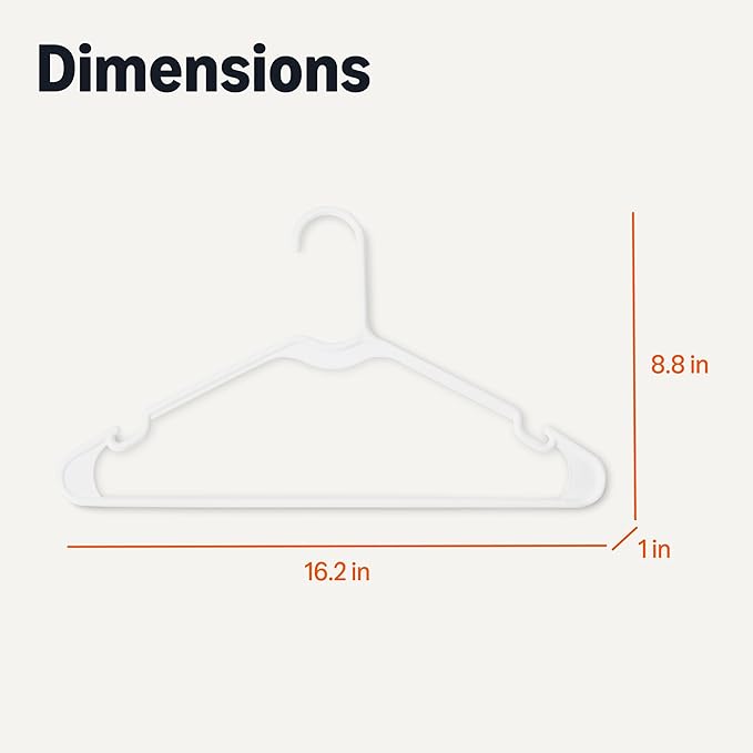 Amazon Basics Space Saving Plastic Clothes Hangers, Sturdy Closet Organizer for Shirts and Jackets, Adult Size, White, 50-Pack