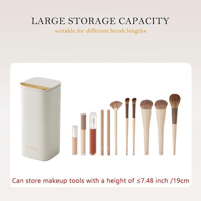 Makeup Brush Holder with Lid, Push Pop-Up Makeup Brush Organizer,4 Slots Makeup Cosmetics Organizerfor Vanity Decor, Bathroom Countertop ,Large Capcity, Dustproof,Waterproof | White and Gold