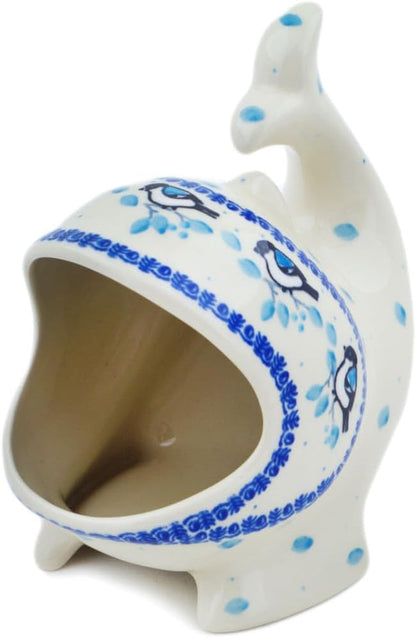 Polmedia Polish Pottery Salt Cellar, Salt Pig, Sponge Holder, Whale - Winter Sparrow Pattern Handmade in Boleslawiec Poland by Ceramika Artystyczna + Certificate of Authenticity