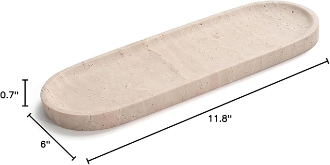 Oval Travertine Stone Tray for Jewelry, Candles, Perfume, Decorative Marble Bathroom Tray for Countertop Organizer 11.8inch x 6inch x 0.7inch