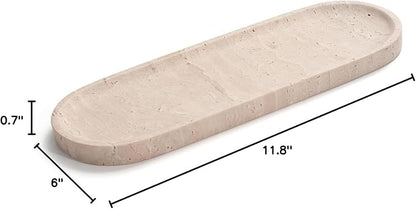 Oval Travertine Stone Tray for Jewelry, Candles, Perfume, Decorative Marble Bathroom Tray for Countertop Organizer 11.8inch x 6inch x 0.7inch