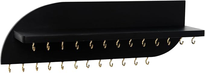 Hanging Jewelry Organizer with 25 Hooks and Cosmetics Shelf, Modern Wood Wall Mounted Jewelry Holder for Necklaces, Bracelets, Earrings and Rings, Black