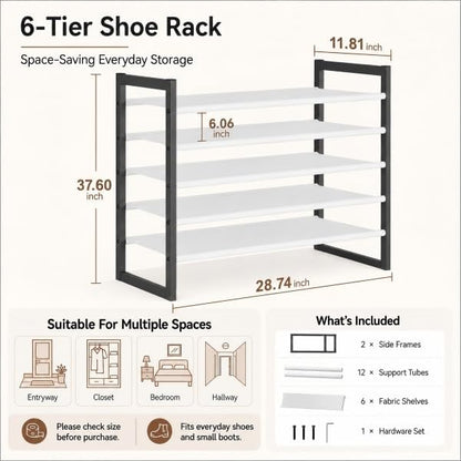 6-Tier Shoe Rack Organizer, Zero-Wobble Metal Frame with Screw-Fastened Joints, 11.8" Deep Heel-Friendly Non-Woven Shelves, Stackable Shoe Storage for Closet & Entryway