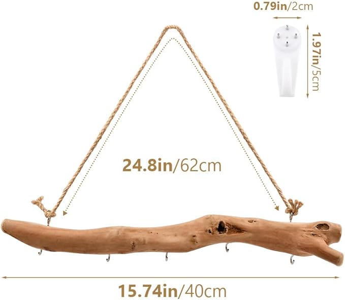 15Inch Driftwood Wall Hanging Jewelry Organizer - 2pcs Rustic Wood Tree-Shaped Wall Decor with 4/5 Hooks for Rustic, Boho & Farmhouse Home
