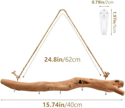 15Inch Driftwood Wall Hanging Jewelry Organizer - 2pcs Rustic Wood Tree-Shaped Wall Decor with 4/5 Hooks for Rustic, Boho & Farmhouse Home