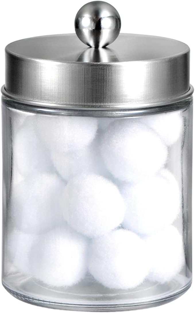 Amolliar Apothecary Jars Bathroom Vanity Organizer -Countertop Canister Jar with Storage Lid - Qtip Dispenser Holder Glass for Qtips,Cotton Swabs,Makeup Sponges,Hair Band - Brushed Nickel (1 Pack)
