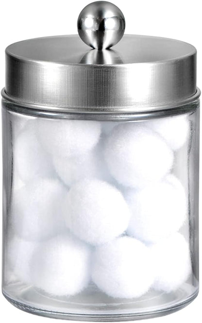 Amolliar Apothecary Jars Bathroom Vanity Organizer -Countertop Canister Jar with Storage Lid - Qtip Dispenser Holder Glass for Qtips,Cotton Swabs,Makeup Sponges,Hair Band - Brushed Nickel (1 Pack)