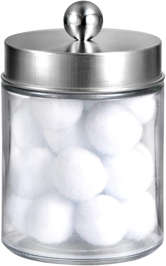 Amolliar Apothecary Jars Bathroom Vanity Organizer -Countertop Canister Jar with Storage Lid - Qtip Dispenser Holder Glass for Qtips,Cotton Swabs,Makeup Sponges,Hair Band - Brushed Nickel (1 Pack)