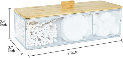 Acrylic Qtip Dispenser with Wood Lid - 3 Compartment Bathroom Organizer for Q Tip, Cotton Swab and Cotton Pad Holder, Vanity Storage Organization for Countertop and Drawer
