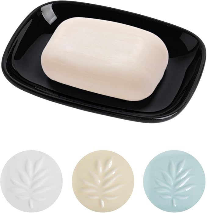 Ceramic Soap Dish for Bathroom and Kitchen, Non-Slip Bar Soap Holder with Fast Drain Design, Soap Saver Tray for Sink, Black