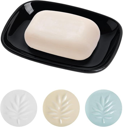Ceramic Soap Dish for Bathroom and Kitchen, Non-Slip Bar Soap Holder with Fast Drain Design, Soap Saver Tray for Sink, Black