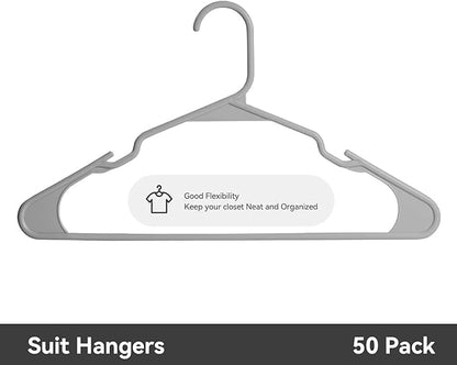 Plastic Hangers - 50 Pack,Durable Space Saving Hangers for Everyday Use and Dorm Room Essentials - Grey