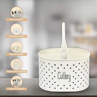 Metal Self Draining Tableware Storage Box - Spoon, Knife, Fork, Chopstick, Cutlery Holder Kitchen Organizer Stand Dining Multifunctional Stand Drawer Organisers, (Off-White)