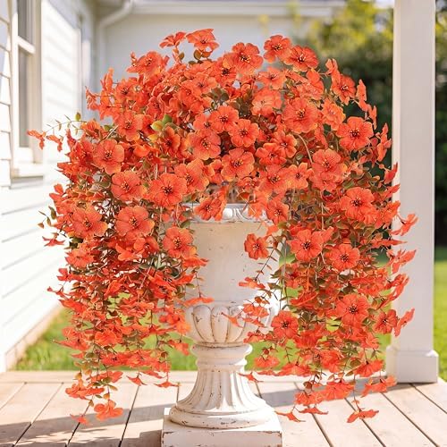 Artificial Fake Hanging Flowers Fall Plants for Outdoor Outside Autumn Decoration 2PCS Faux Silk UV Resistant Realistic with Eucalyptus for Home Thanksgiving Harvest Porch Patio Balcony(Fall Orange) by Sggvecsy