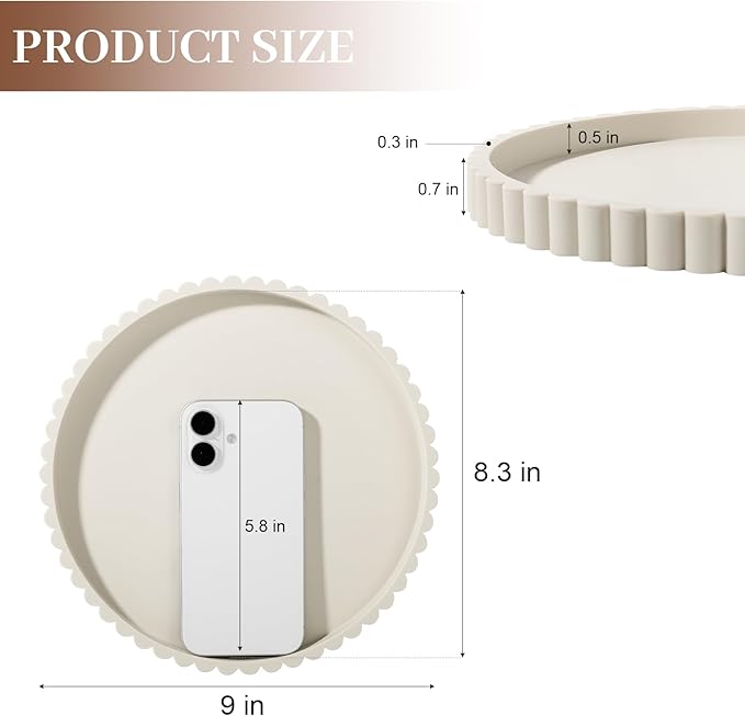 Round Bathroom Tray Silicone Kitchen Counter Decor Vanity Organizer Decorative Coffee Table Tray for Perfume, Candle, Soap Dish, 9 Inch, Beige