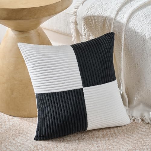 Fancy Homi Set of 2 Black White Decorative Throw Pillow Covers 18x18 Inch with for Couch Bed Sofa Living Room, Soft Cross Patchwork Striped Corduroy Modern Square Cushion Case 45x45 cm - Image 2