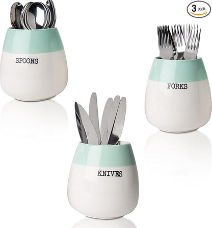 Comfify Ceramic Honeypot Cutlery Holder – Set of 3 – Sage Green and White Farmhouse Silverware Caddy for Kitchen Countertop – Spoon, Fork & Knife Organizer for Parties – Rustic Ceramic