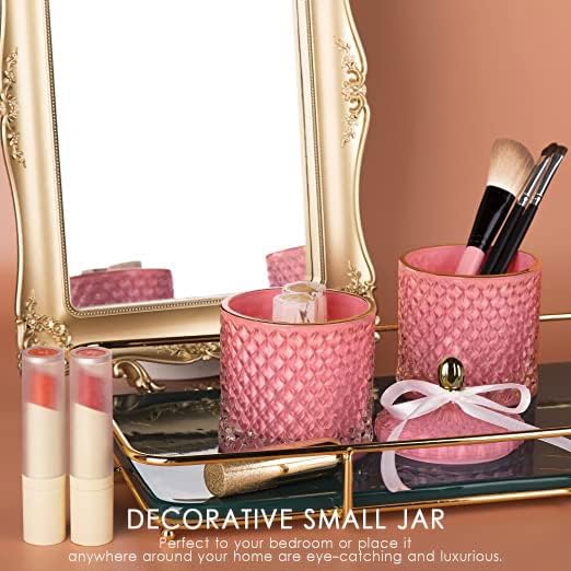 ALAMHI Pink Candy Jar, Glass Candy Dish with Lid, Crystal Apothocary Jars with Lids Jewelry Box with Lids, Decorative Glass Jar Gifts for Women