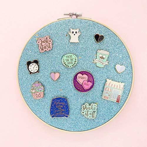 Round Badge Brooch Display Wall Hanging Pin Display Glitter Board Jewelry Storage Pin Collection Banner with Bamboo Hoop for Enamel Pins Buttons and Labels (Sky Blue-Faux Leather)