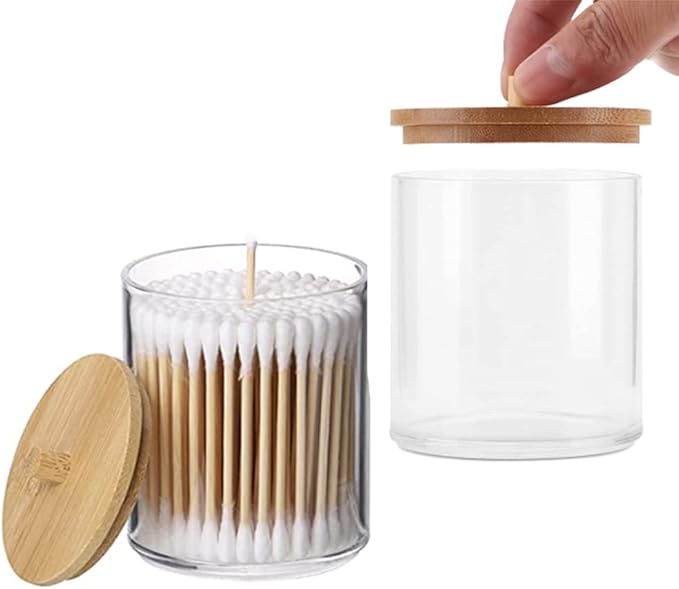 2 Pack Acrylic Qtip Holders, Large Cotton Round Holder with Bamboo Lid Clear Apothecary Jars Bathroom Canister Storage for Q-Tips, Cotton Pads & Swab, Hair Ties, Makeup Brush Organizing