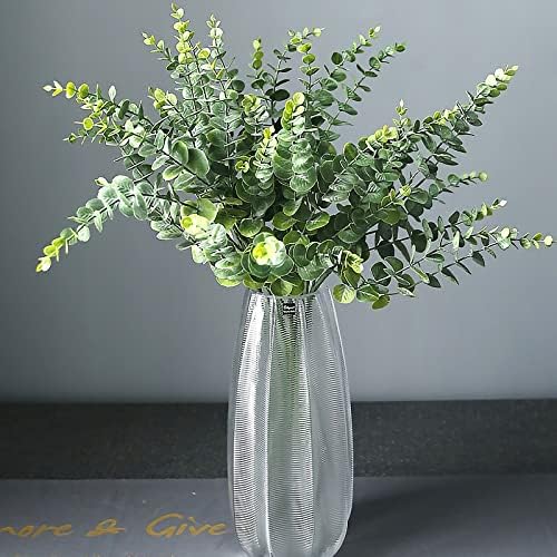 ABAJI Plastic Eucalyptus Green Spraying Frost Stems 12 Fake Faux Decorations Artificial Leaves Greenery Plant Leaf Home Office House Table Desk Decor Wedding Party Vase Forever Live - Image 4