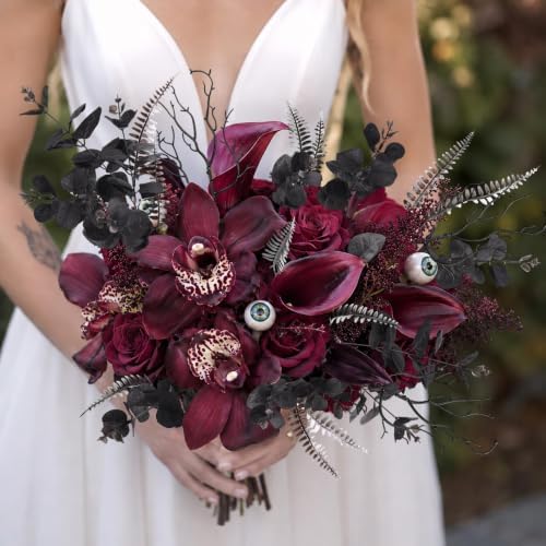12 Pcs Black Eucalyptus Stems with Ferns Dead Branches, Halloween Flowers DIY Black Silk Artificial Flowers Fake Spooky Branches for Home Halloween Farmhouse Gothic Arrangements Decor - Image 5