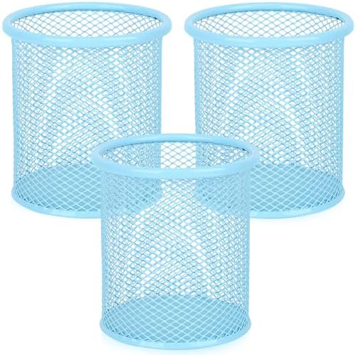 Segarty Pencil Holder, 3 Pack Light Blue Pen Holder, Pencils Cups for Desk, Round Mesh Pens Container Organizer for Office Supplies, School Classroom, Makeup Brush, Home Storage by Segarty