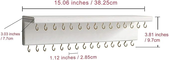 SANY DAYO HOME Jewelry Organizer with 30 Hooks and Shelf, 15 x 3 x 4 inches Wall Mounted Rustic Pine Wood Holder for Necklaces and Bracelets, Suitable for Kids and Adults