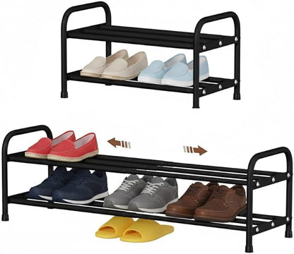 2-Tier Expandable Shoe Rack, 17.3"-31.5" Adjustable Length Metal Shoe Organizer, 9.4" Slim Wide Heavy Duty Shoe Shelf with 4cm Bottom Space for Slippers, Entryway, Closet (Black)
