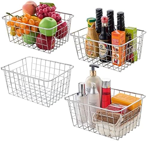JUNCHU CHERRY Wire Kitchen Storage Basket 4 Packs,Perfect Pantry Organization Accessories Baskets,Laundry Basket,Countertop Organization,Suitable for Kitchen,Bathroom,Bedroom,Tabletop,Stackable,Chrome by JUNCHUCHERRY