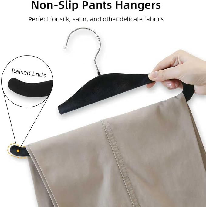 Velvet Pants Hangers, 20 Pack Non-Slip Open Ended Hangers with 360° Swivel Hook Slim Space Saving Jeans Hangers for Pants, Scarves, Ties, Towels, Black
