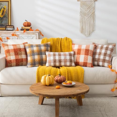 AQOTHES Plaid Fall Throw Pillow Covers Brown White 18x18 Inch Set of 2 - Image 6