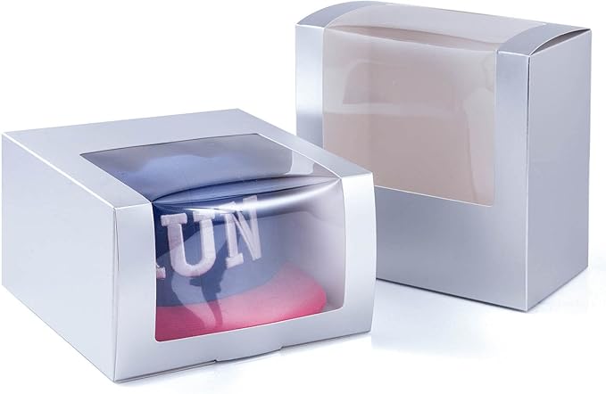 LADYBRO Silver Gift Boxes with Window Display for Hat Storage Containter for Baseball Caps (Fitted, Snapbacks, Trucker) 7.8" x 7.8" x 4.8", 10 Pack
