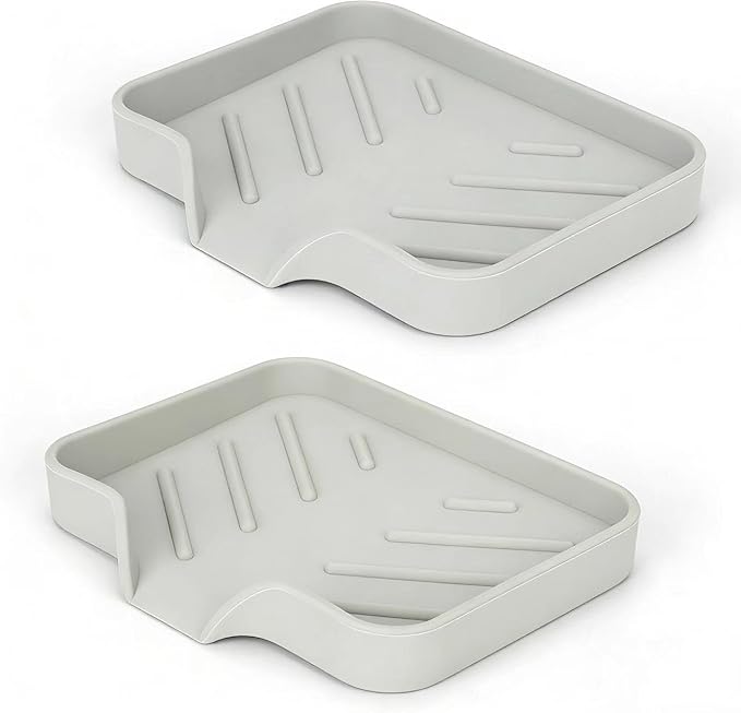 2 Pack Silicone Soap Dish, Self Draining Soap Dish, Non Slip Bar Soap and Sponge Holder for Bathroom Kitchen Sink Counter Organizer, Easy to Clean Soap Tray Waterfall Soap Saver 4.7"×3.9" (White)