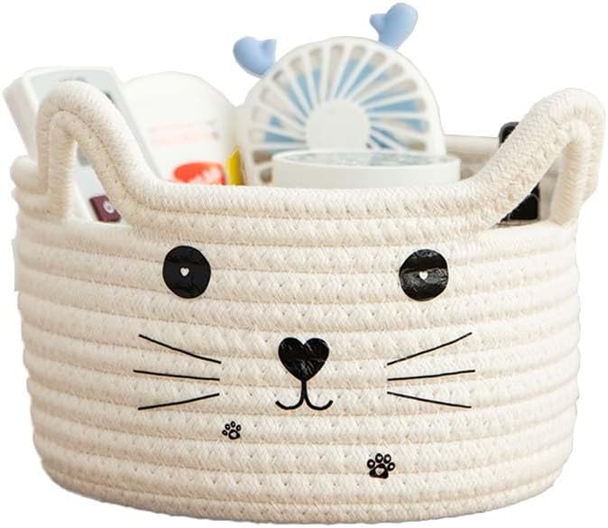 Cat Basket Storage Woven Basket Organizer with Ears Decorative Cute Pet Toy Basket Cotton Rope Basket for Gifts Cartoon Baby Nursery Basket 8.3 x 4.7 inches,White