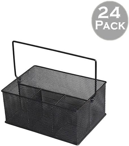 YBM Home Mesh Basket Utensil Holder & Picnic Silverware Caddy Organizer with Four Compartments and Napkin Storage, Black (24 Pack)