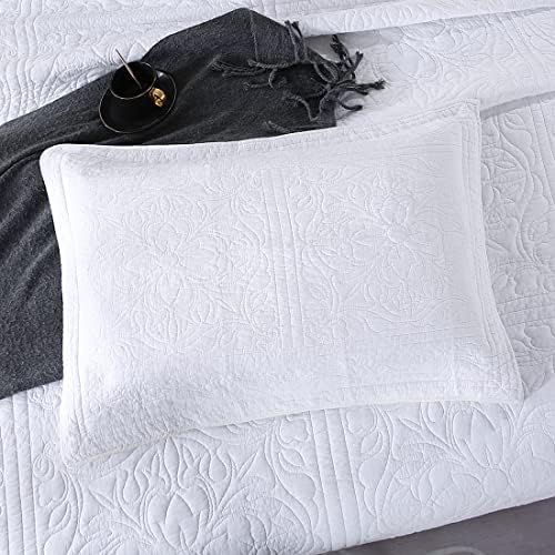 WINLIFE 100% Cotton Quilted Pillow Sham Floral Printed Pillow Cover King Size, Set of 2, White - Image 6