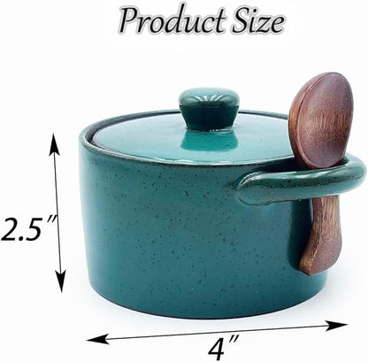 Ceramic Salt Cellar With Lid & Spoon,12oz Salt Container For Countertop,Sugar Bowl,Spice Jar(Green B)