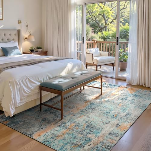 Area Rug 4x6 Blue Rug Washable Boho Rugs Non Slip Low Pile Abstract Small Carpet for Entryway, Bedroom, Kitchen, Classroom, Kids Room, Office, Dorm, Dining Room - Image 3