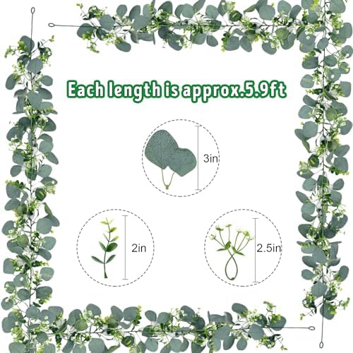 Waipfaru 8Pcs Eucalyptus Garland, 5.9FT Greenery Garland, Green Garland with Flowers, Artificial Faux Silver Dollar Eucalyptus Leaves Vines for Table Home Wedding Mantle Party Indoor Outdoor Decor - Image 4