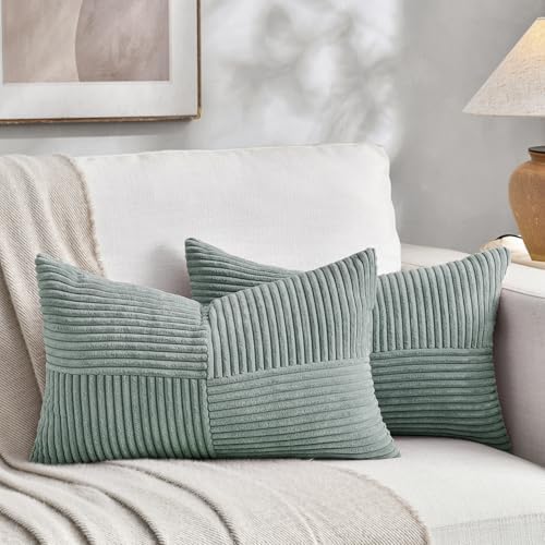 Fancy Homi 2 Packs Grey Blue Lumbar Decorative Throw Pillow Covers 16x26 Inch for Living Room Couch Bed Sofa, Farmhouse Boho Home Decor, Soft Striped Corduroy Rectangle Accent Cushion Case 65x40 cm by Fancy+Homi