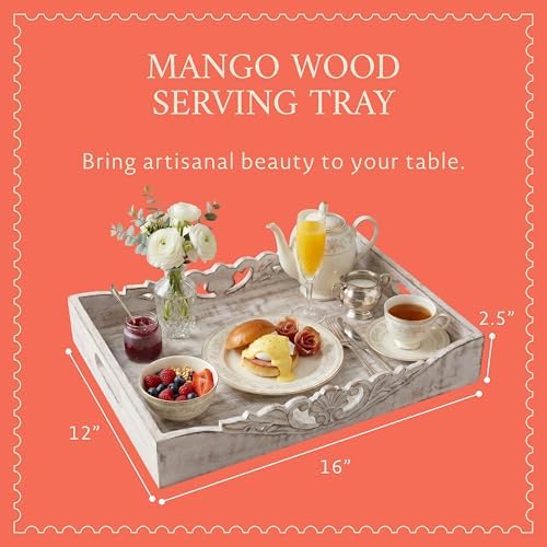 Mela Artisans Orchid Mango Wood Serving Tray - Distressed White, 16x12 in - Image 2