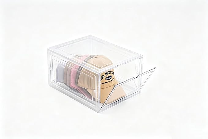 Hat Organizer Box,Stackable Baseball Caps Holder Box Containers with Magnetic Door for Hats Snapback Cap Storag,Clear Hat Storage with Magnetic Door, Holds 8 Hats Each (clear, 1 pack)