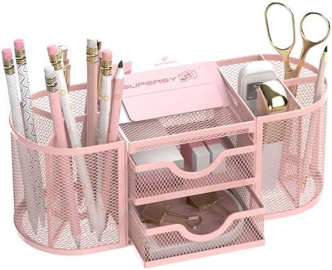 SUPEASY Mesh Desk Organizer, Pen Holder for Desk with 2 Drawers, Pink by SUPEASY