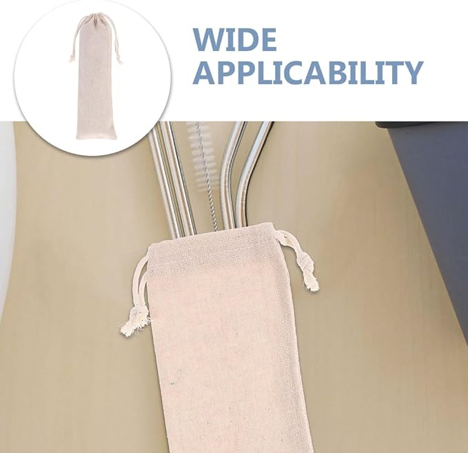 BESTonZON Straw Carrying Case Cotton Linen Pouch with Drawstring Closure Portable Organizer for Reusable Straws Forks Spoons Storage Travel Bag