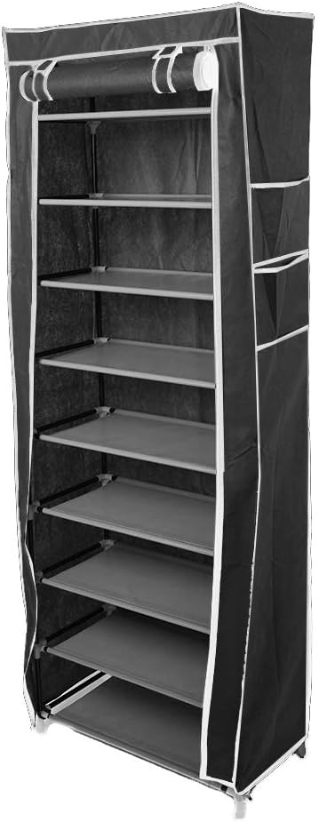 10 Tiers Shoe Rack with Dustproof Cover Shoe Storage Organizer Cabinet Shoe Shelf Tower,Non-Woven Fabric Cover (Black)