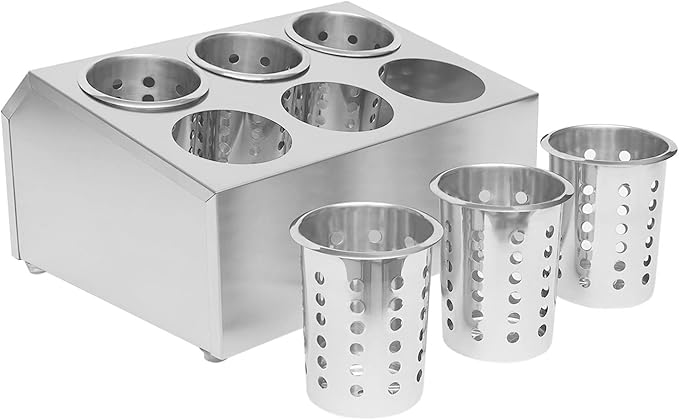Commercial 6-Hole Stainless Steel Cylinder Flatware Silverware Utensil Holder Organizer Caddy, Detachable Countertop Utensil Dispenser for Forks Spoons Knives for Kitchen Restaurant Buffet