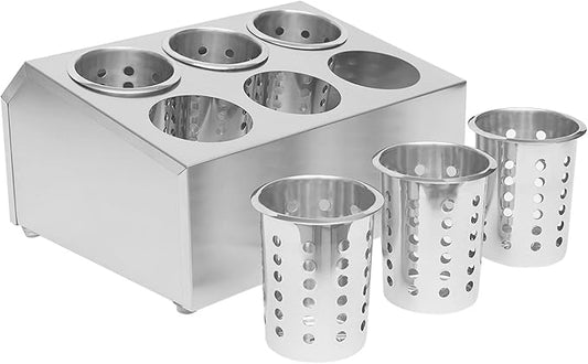 Commercial 6-Hole Stainless Steel Cylinder Flatware Silverware Utensil Holder Organizer Caddy, Detachable Countertop Utensil Dispenser for Forks Spoons Knives for Kitchen Restaurant Buffet
