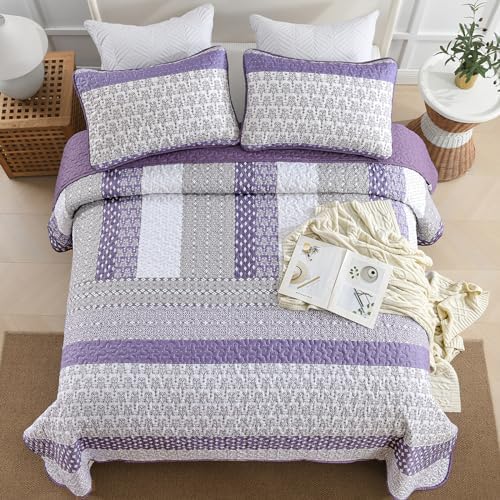 WONGS BEDDING Purple King Quilt Bedding Set, Bohemian Stripe Bedspread - Image 3